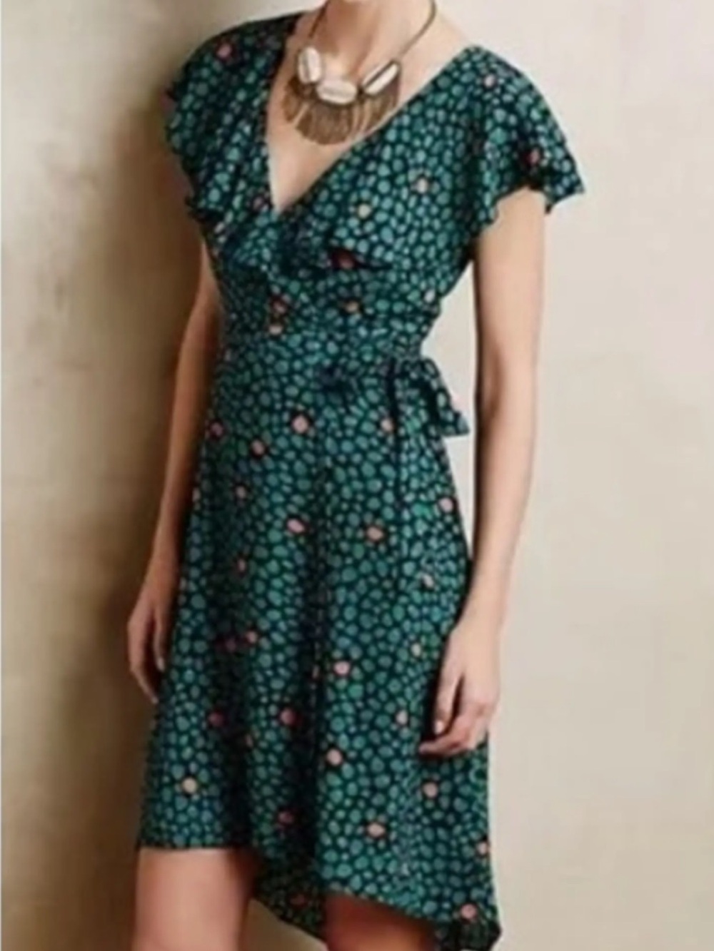 Anthropologie HD IN Paris Faux Wrap Ruffle Polka Dot High-Low Dress Teal Coral - Picture 2 of 5